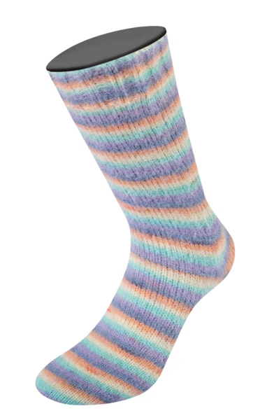 Lana Grossa Cosy Socks Multi Stripes 153 Lavendel/grijsblauw/zalm/crème/turkoois