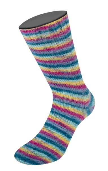 Lana Grossa Cosy Socks Multi Stripes 155 Donker petrol/licht turkoois/geel/orchidee/grijsviolet