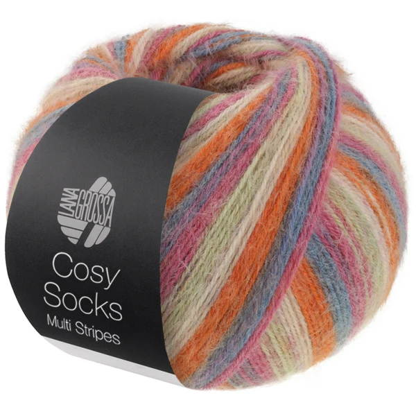 Lana Grossa Cosy Socks Multi Stripes 154 Donkergrijs/grijsblauw/fuchsia/lichtgroen/crème/oranje