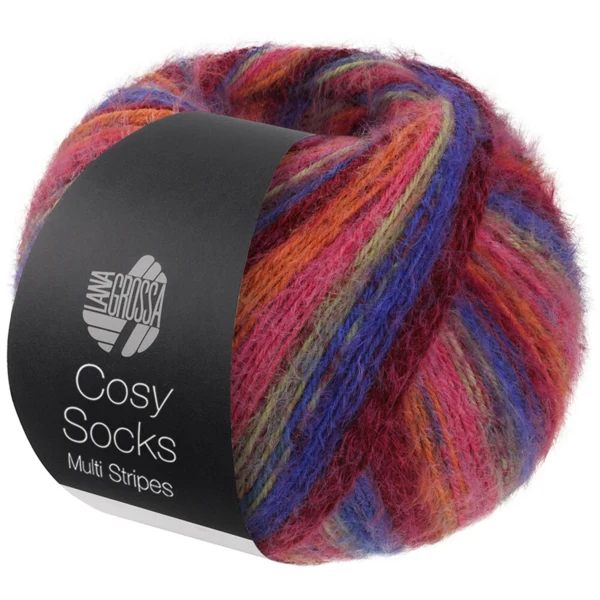 Lana Grossa Cosy Socks Multi Stripes 156 Blauwviolet/wijnrood/pompoen/roze/grijsgroen