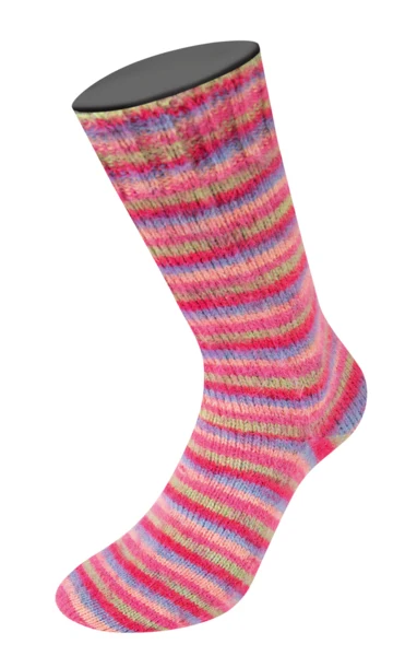 Lana Grossa Cosy Socks Multi Stripes 152 Tulp rood/violetblauw/zalmroze/roze/lichtgroen