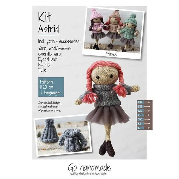 Go Handmade kit tricot Astrid Cheveux roux / robe grise / jupe en tulle