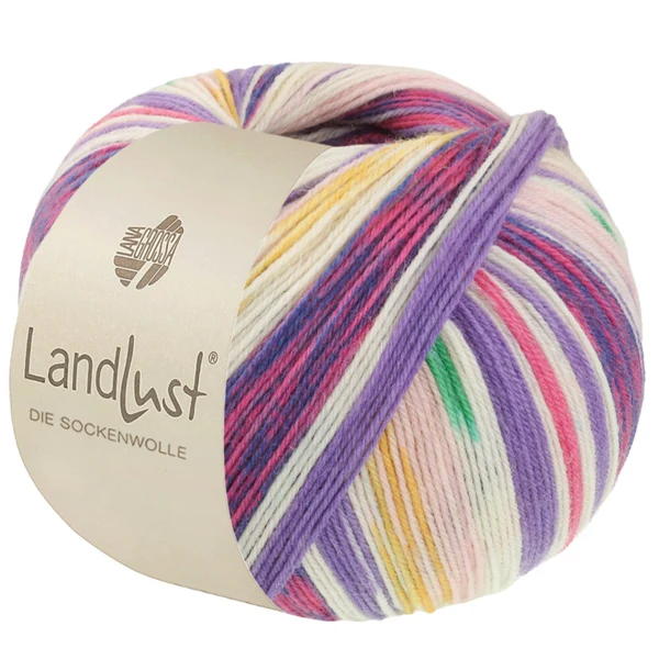 Lana Grossa Landlust Die Sockenwolle 721 Rose/Écru/Vert/Bleu violet/Jaune safran/Rose/Fuchsia
