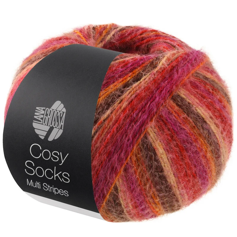 Lana Grossa Cosy Socks Multi Stripes 159 Rood/fuchsia/oranje/donkerbruin/zalm