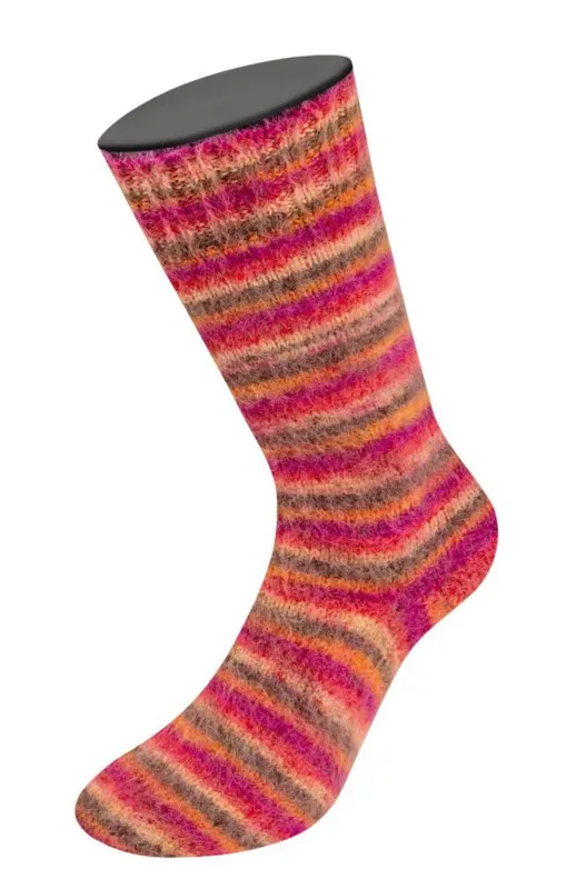 Lana Grossa Cosy Socks Multi Stripes 159 Rood/fuchsia/oranje/donkerbruin/zalm