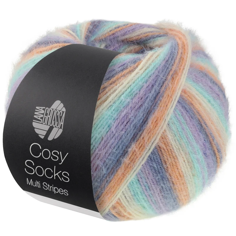 Lana Grossa Cosy Socks Multi Stripes 153 Lavande/bleu gris/saumon/crème/turquoise