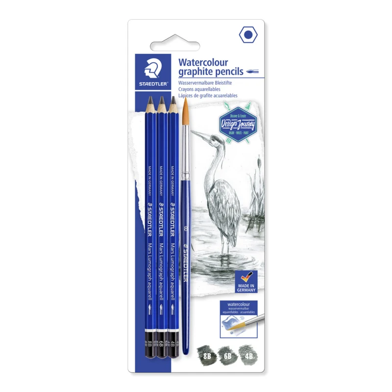 STAEDTLER mars lumograph crayons graphite aquarelle & pinceau, 3 + 1 pc – Hoofdafbeelding