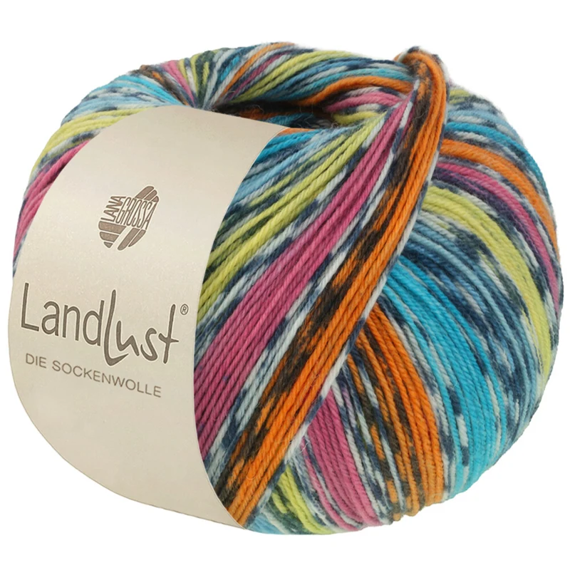 Lana Grossa Landlust Die Sockenwolle 825 Oranje/Pink/Pistache/Turkooisblauw/Petrolblauw/Gebroken wit/Donkergrijs