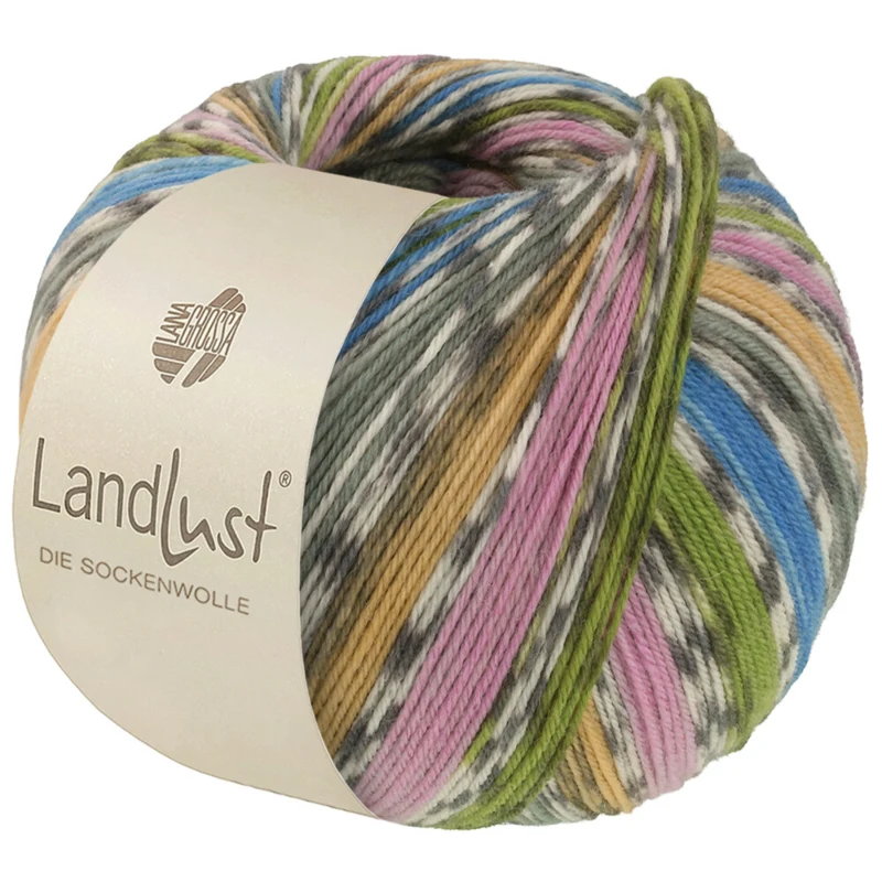 Lana Grossa Landlust Die Sockenwolle 822 Azuurblauw/Grijsgroen/Geel/Paars/Lentegroen/Gebroken wit/Grijs