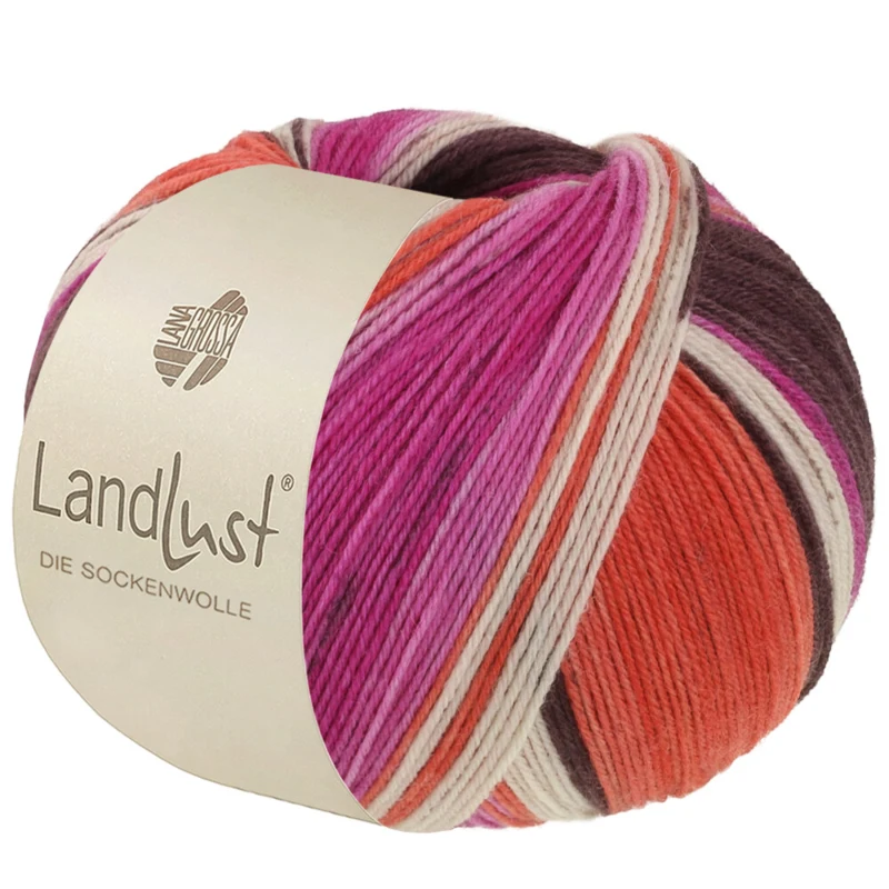 Lana Grossa Landlust Die Sockenwolle 135 Brun gris/Fuchsia/Écru/Terracotta/Orchidée rayé