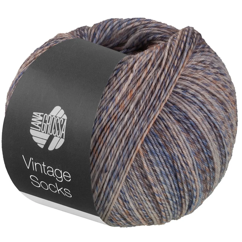 Lana Grossa Vintage Socks 1018 Beige/lichtgrijs/donkergrijs/oranje/donkerbruin gemêleerd