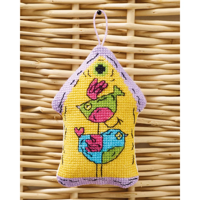 Vogelhuis geel 2 vogels 7x9cm