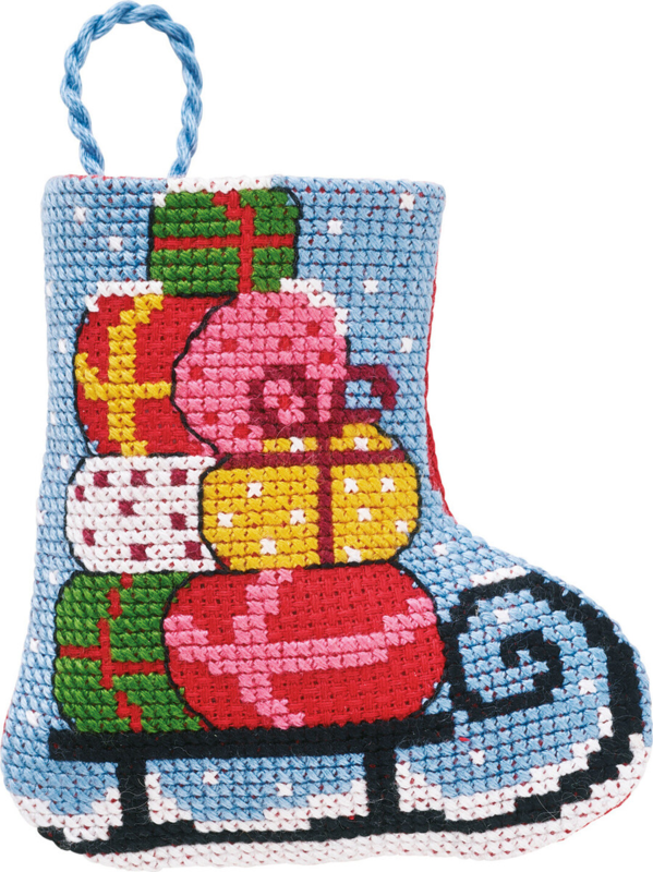 Kit de broderie Luge/cadeaux chaussette de Noël 7 x 8 cm