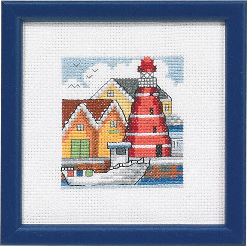 Borduurpakket Rood Vuurtoren Haven 12 x 12 cm