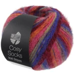 Lana Grossa Cosy Socks Multi Stripes 156 Bleu violet/rouge vin/citrouille/rose/vert gris