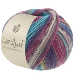Lana Grossa Landlust Die Sockenwolle 619 Jaune safran/Bleu foncé/-gris/Gris clair/Turquoise/Mûre/Bordeaux rayé