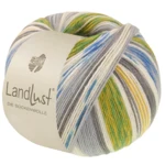Lana Grossa Landlust Die Sockenwolle 724 Appelgroen/Mosterdgeel/Ecru/Lichtgrijs/Middelgrijs/Denimblauw