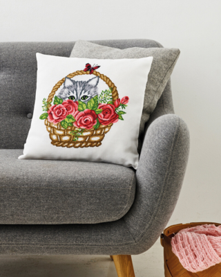 Kit de broderie Panier & chat 39 x 39 cm