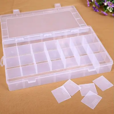 Kunststof doos met deksel, transparant, 34,5x22 cm, 28 vakken