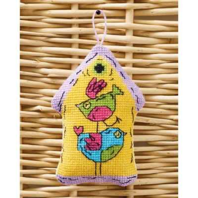 Maison d’oiseaux jaune 2 oiseaux 7x9cm